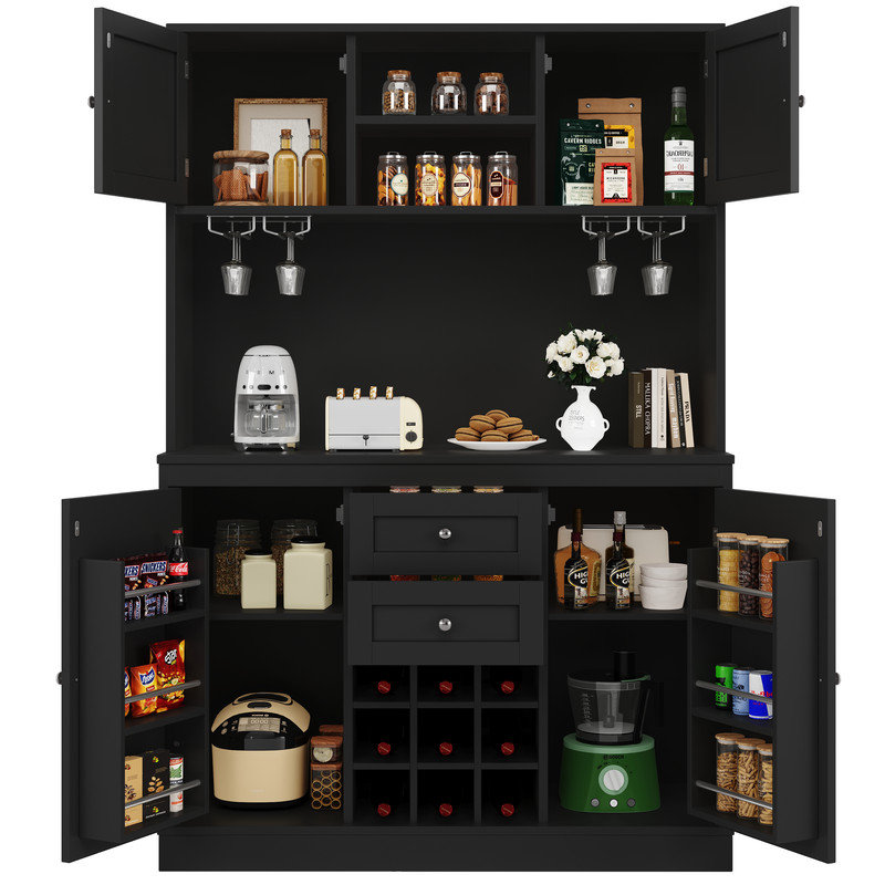 White/Black Tall Kitchen Cabinet with 4 Doors & 2 Drawers, Adjustable Shelves & Wine Rack, Sideboard for Kitchen/Living Room Storage