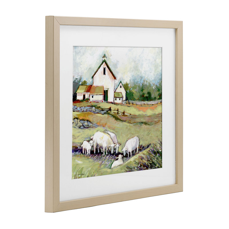 «Sheep Grazing at Barn», reproduction encadrée sous verre, conception de Susan Winget, H 16 po x l 16 po