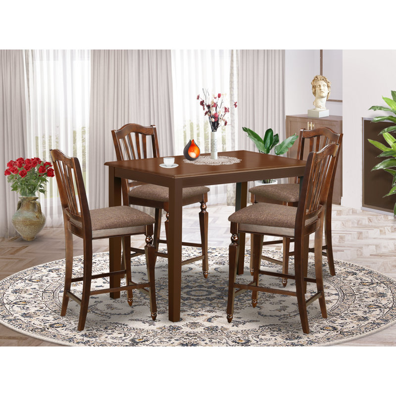 5 Piece Counter Height Dining Set Includes a Rectangle Dinette Table and 4 Linen Fabric Kitchen Dining Chairs, Mahogany