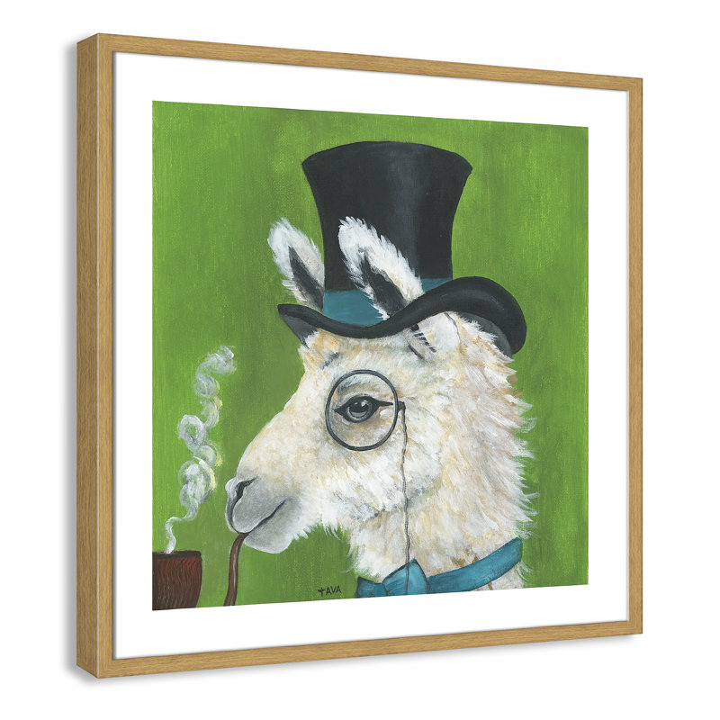 Lama et tuyau, art encadré, H 27,5 po x l 27,5 po x P 1,18 po, Cadre en chêne