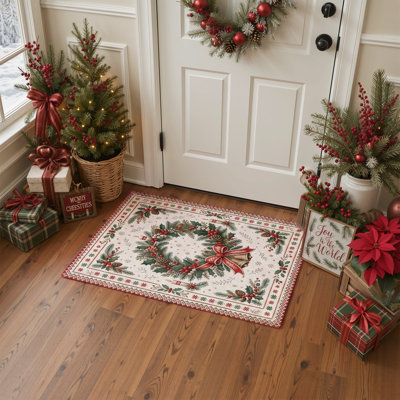 Tapis de salon lavable à poils courts, motif floral de Noël ivoire et vert, avec couronne de sapin illuminée aux chandelles