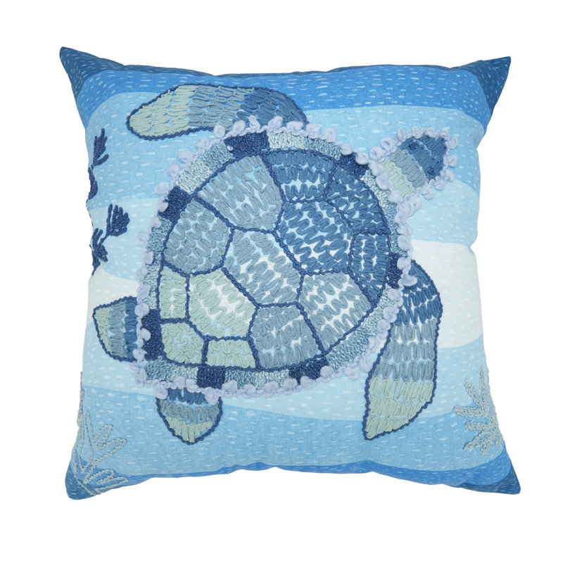 Outdoor Embroidered Turtle Pillow Cover, Polyester