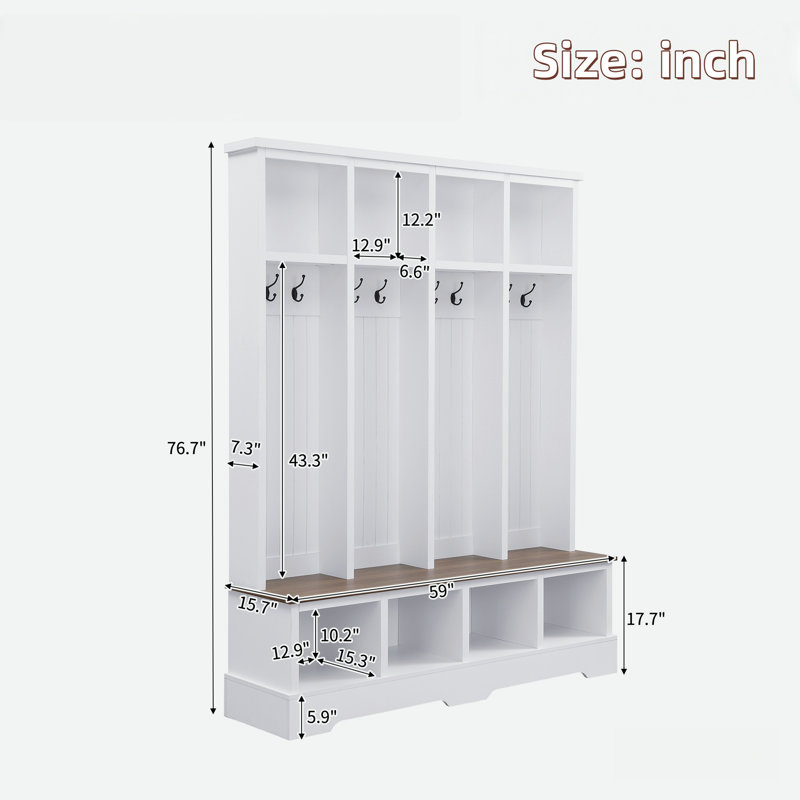 Farmhouse Wide Hall Tree With 8 Hooks, Bench And Open Compartments, White