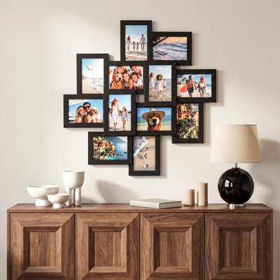 Gallery Wall Collage Picture Frame, 12‑Opening 3.7x5.7 Diamond Grid Multi Photo Display, MDF Construction with Glass Front, Wall Mountable for Easy Photo Changing