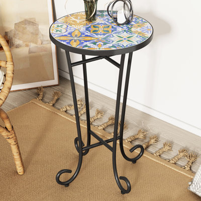 Colourful Side Table For Patio With Distressed Ceramic Tile And Robust Base Top Matte Black Steel Frame