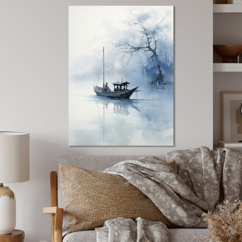 Asian Art Blue Boat Monocrhome - Décoration murale asiatique en métal, H 32 po x l 24 po x P 1 po
