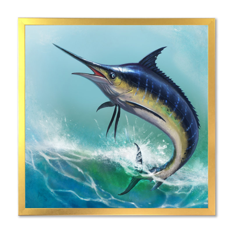 Marlin bleu dans l'océan - Peinture, Cadre photo doré, H 30 po x l 30 po