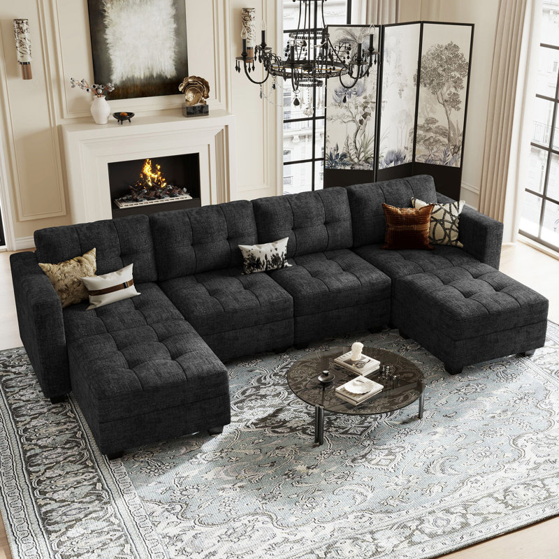 Shazier 6-Seats U-Shape Chenille Modualr Sofa, Black Chenille