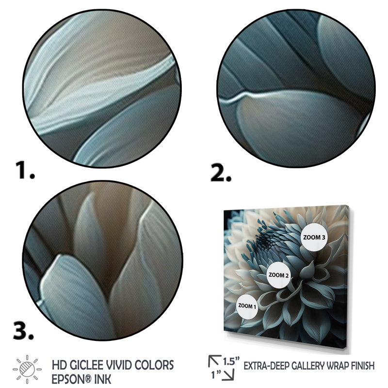 Bleu et blanc fleurs de dahlia II - art mural dahlia, H 30 po x l 30 po, Toile tendue