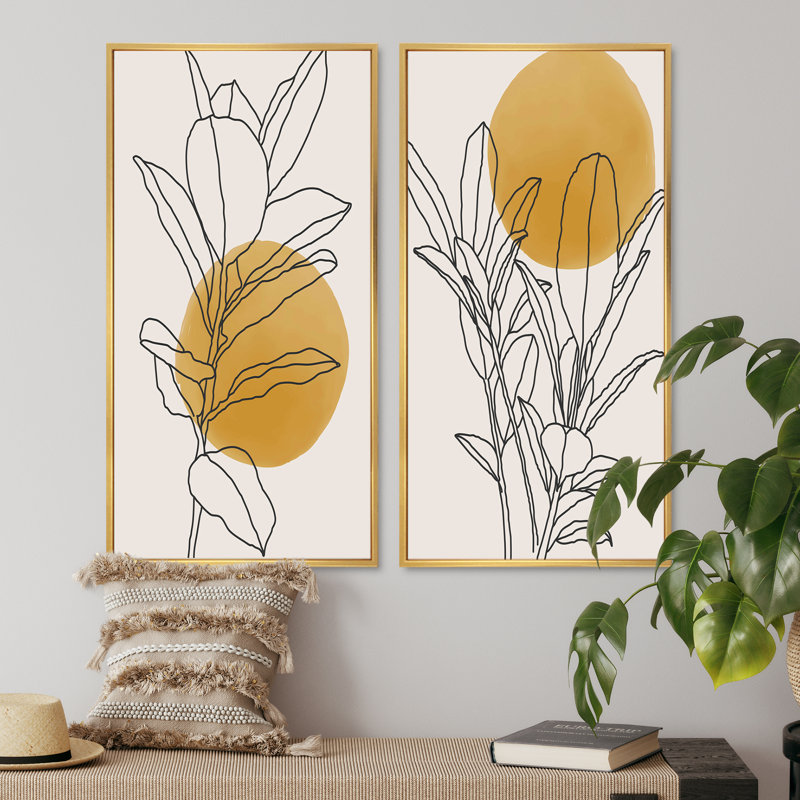 Branche botanique jaune avec feuilles I - ensemble de 2 peintures, H 40 po x l 40 po, Impression encadrée, Doré
