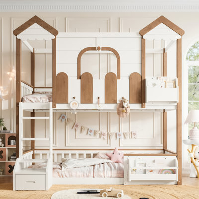Lit superposé simple au-dessus de simple avec bibliothèque de rangement et tiroir, lit superposé en bois massif avec toit et fenêtres, maisonnette enfantine et conception détachable. Beige et naturel