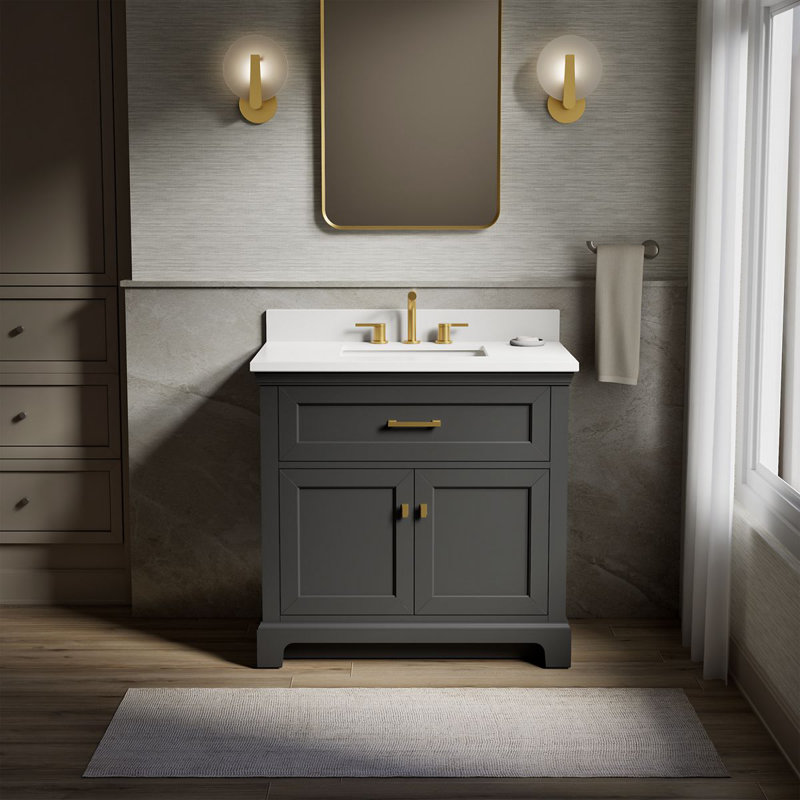 30 po Charlemont Meuble-lavabo de salle de bain avec lavabo et comptoir en quartz, Gris foncé foncé, Laiton brossé, 36"