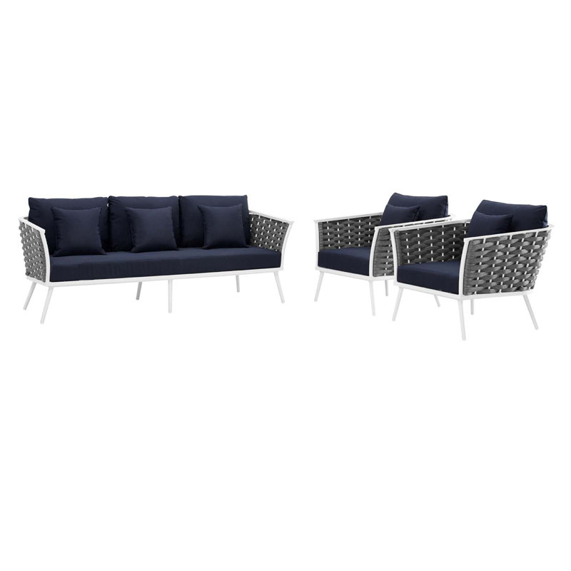 Ensemble de canapé modulaire d'extérieur en aluminium 3 pièces Modway Stance, Bleu marine, Blanc
