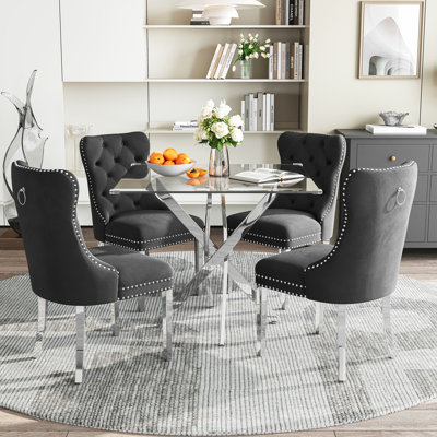 Modern Square Glass Dining Table Set for 4, 36" Tempered Glass Top with Velvet Tufted Nailhead Trim Chairs