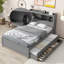 Lit plateforme double avec lit gigogne, tiroirs et prises USB, gris