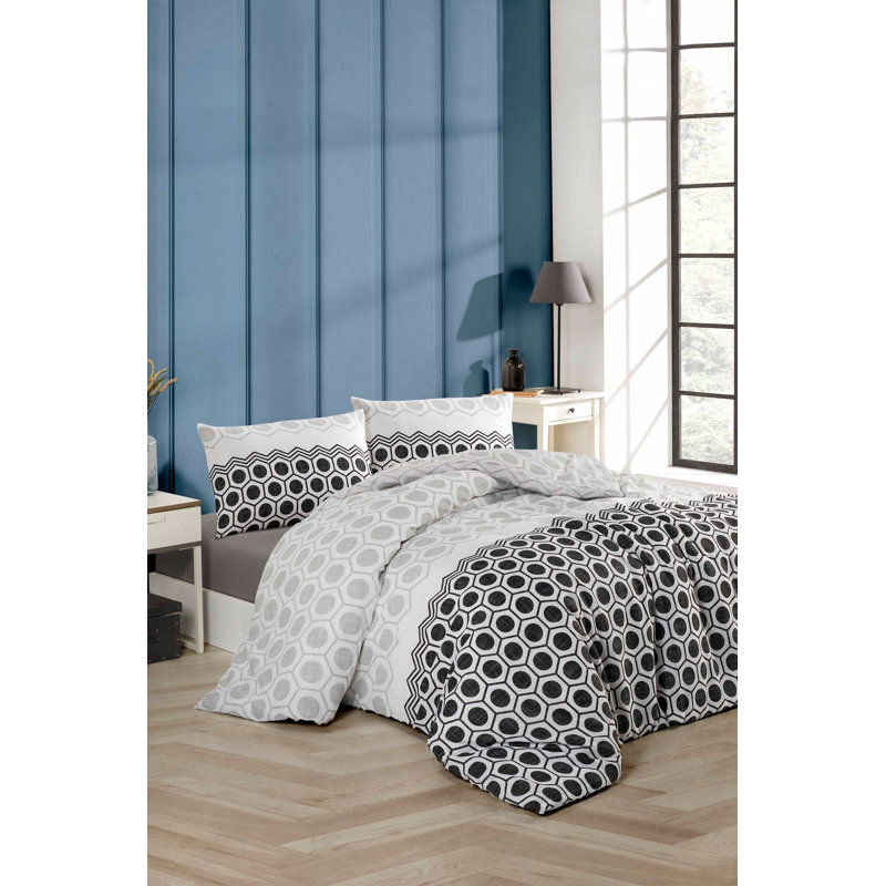 Double Quilt Cover Set, Black & White/Grey, 78.7 x 78.7 inches | 65% Cotton / 35% Polyester, Machine Washable, 120 Thread Count | 2 Envelope Pillowcases, Stylish Pigment Printing, Cozy & Durable Design