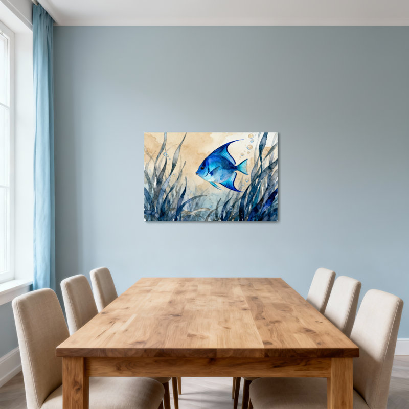 Animals Blue Fish Swimming Among Seaweed Bubbles, 16" H x 24" W