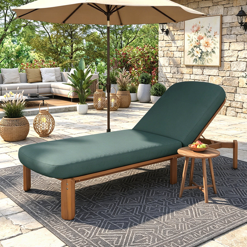 Adjustable Outdoor Chaise Lounge with Thick Cushions and Acacia Wood Frame for Patio, Poolside, or Beach Relaxation, Green