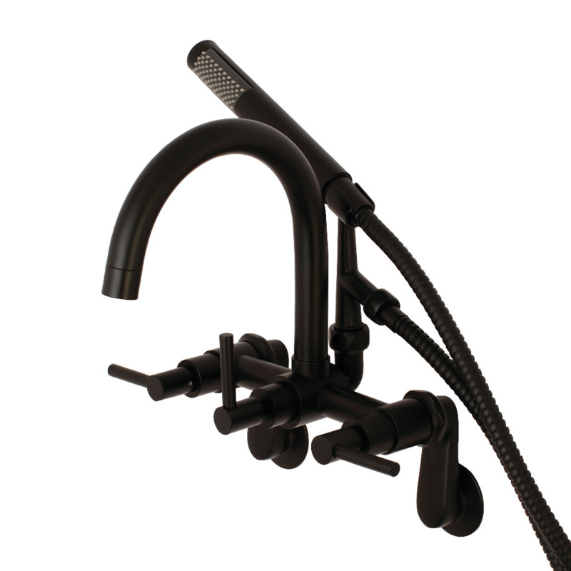 Kingston Brass Concord Three-Handle 2-Hole Tub Wall Mount Clawfoot Tub Faucet with Hand Shower, Matte Black