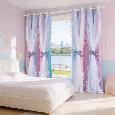 Double Layer Blackout Curtains With Sheer Ruffles And Tiebacks, Shabby Chic Window Treatment For Noise Reduction And Light Blocking