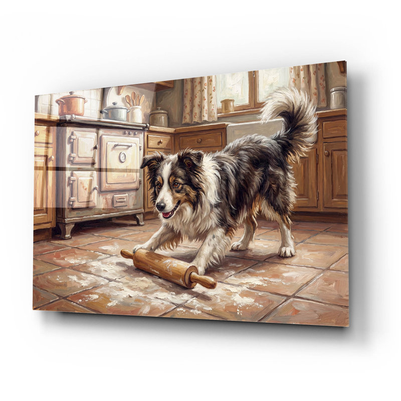  «Border Collie In The Kitchen» par Rich Monet, art mural en verre acrylique, 24 po x 16 po, H 16 po x l 24 po