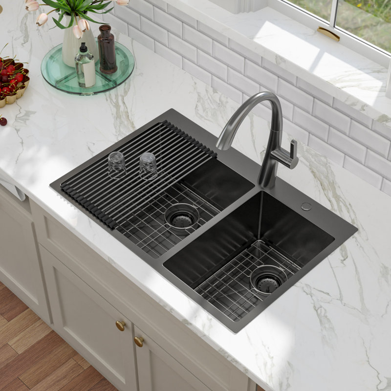 33'' L x 22'' W Drop-In Kitchen Sink, Nano Titanium Coated Stainless Steel 60/40 Double Bowl Kitchen Sink with Sink Grid, Basket Strainer and Roll-up Rack