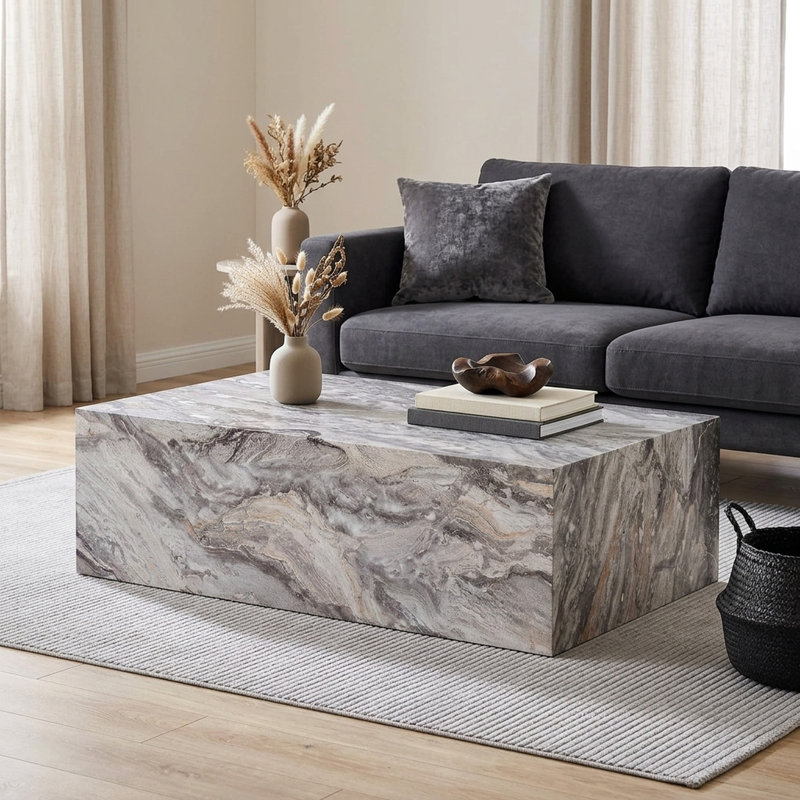 Table basse moderne et luxueuse FFZ de 12 po avec dessus en MDF effet marbre noir, Black Marble
