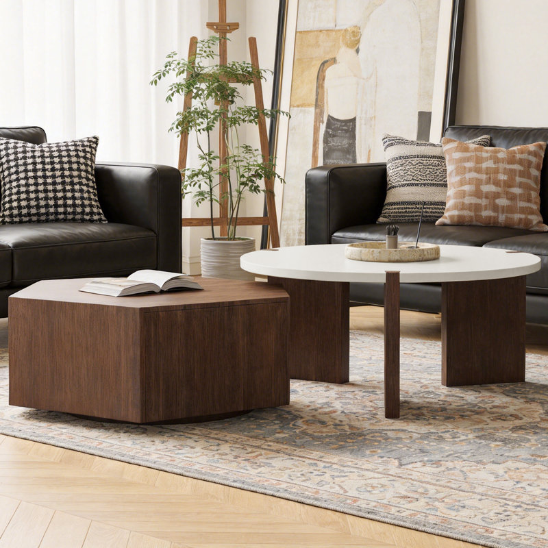 Pompilie 2-Piece Modern Coffee Table Set, Small Living Room Table with Hexagonal Storage Cabinet
