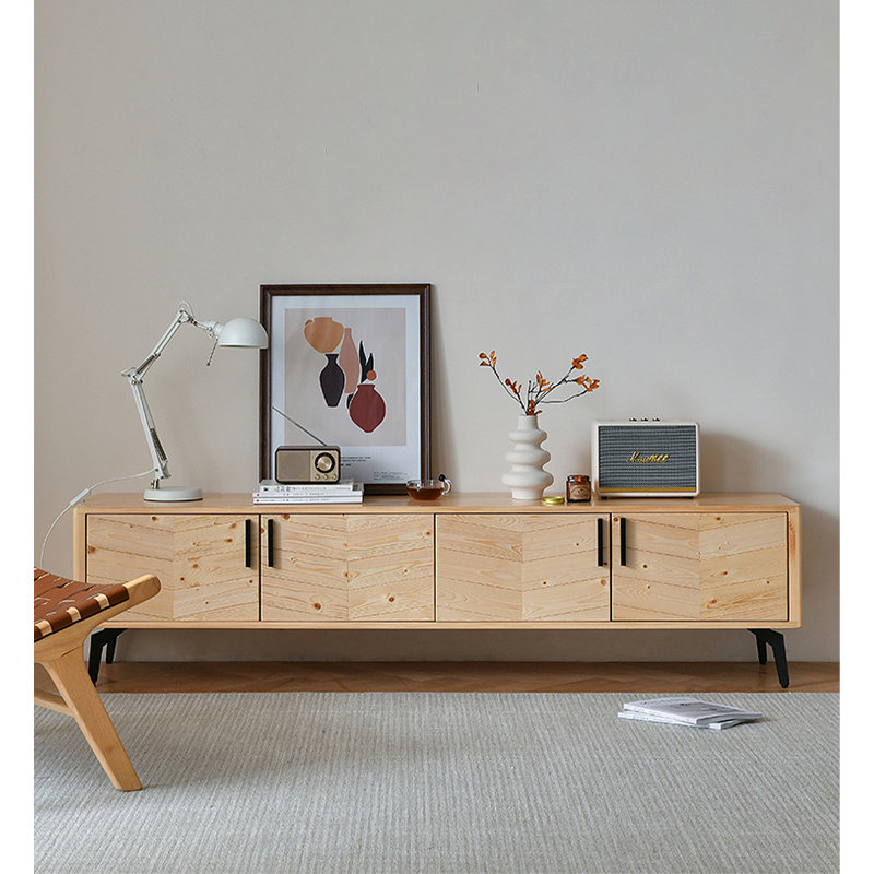 Meuble télé en bois massif avec pieds en métal robustes Modern, 17.7”H x 86.6”W x 15.7”D