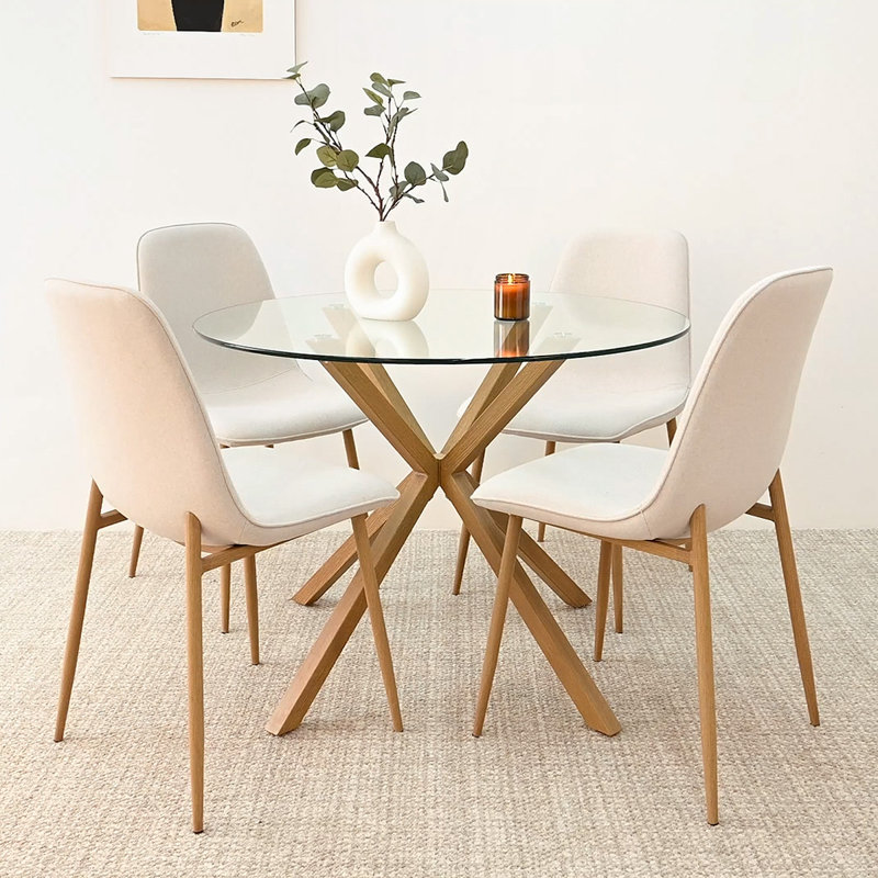 Ensemble de table de salle à manger 4 personnes Folmar avec table ronde de 39,5 po et 4 chaises rembourrées en tissu, Beige