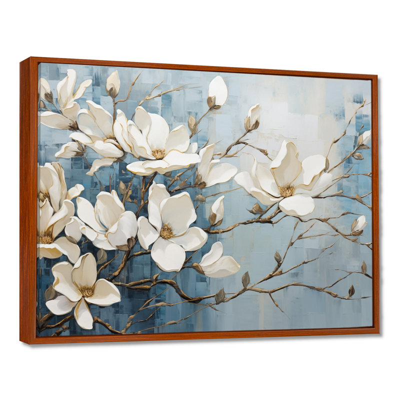 «Blue and Gold Painted Magnolias VI», art mural sur toile Magnolias, Reproduction avec cadre flottant, H 16 po x l 32 po