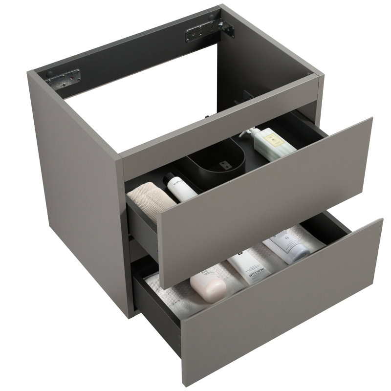 Armoire murale sans bassin en gris, structure à deux tiroirs, présentation moderne et minimaliste, construction robuste, utilisation facile de nettoyage, bassin gris clair,, informations, constructions, actions,