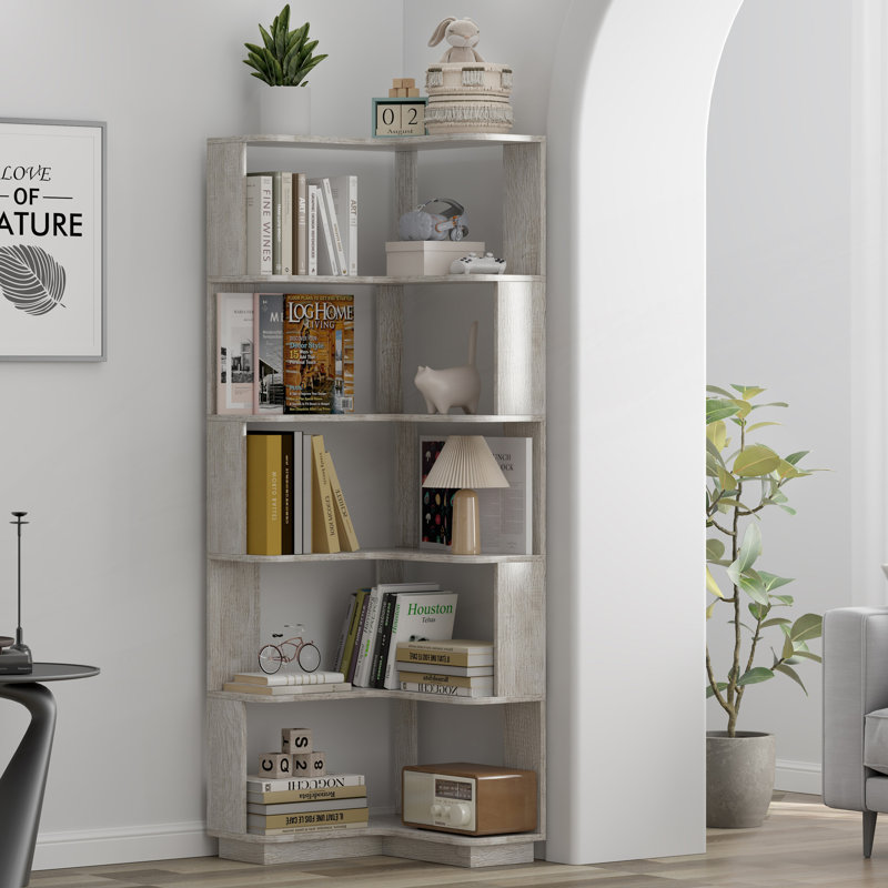 Bibliothèque de coin autoportante à 5 niveaux en forme de L, Light Gray