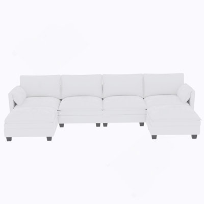141.5''  Large Size 6 Seater Sofa Couch, U-Shaped Sofas With Movable Ottoman, Arm With Pockets,Modern Fabric Couches For Living Room, Apartment, Office