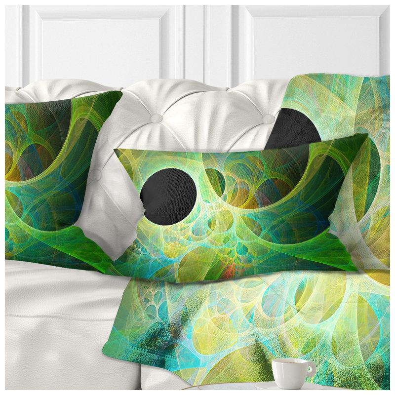 Green Fractal Angel Wings - Coussin imprimé abstrait, Vert / noir
