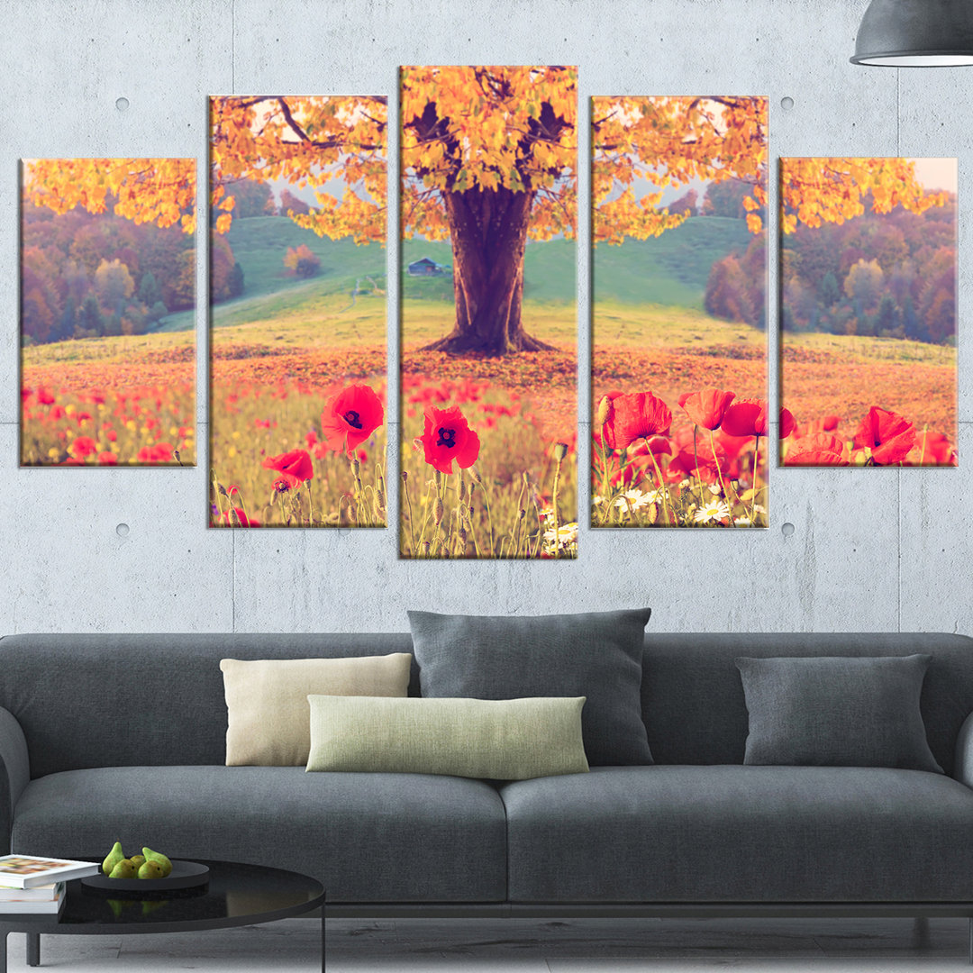 " Landscape With Poppy Flowers " 5 - Pieces Design Art