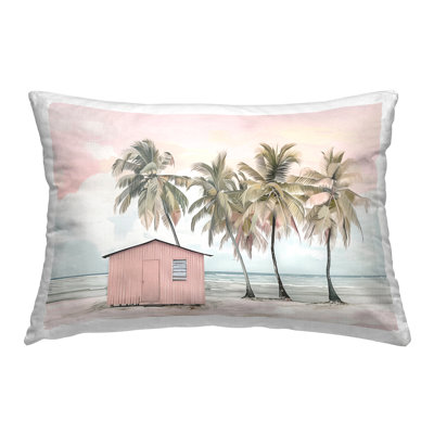 Pink Beach Hut & Palms Decorative Printed Throw Pillow by Arlington Prints