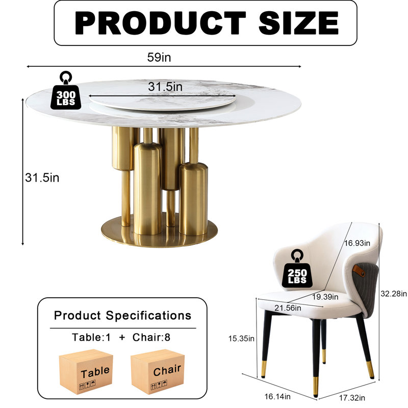 Table de cuisine ronde 59 po 59 po, paresseux à 360 degrés, pierre frittée résistante aux taches et aux chocs, luxe américain, 8 places, table de salle à manger blanc doré avec plateau tournant en pierre, espace compact, design,