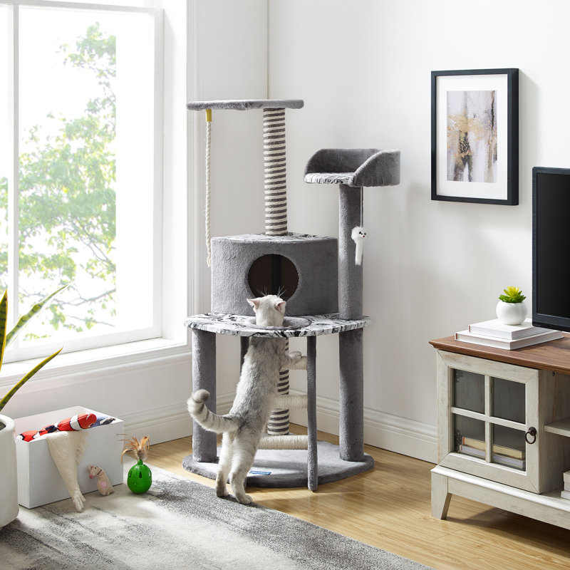 Gray Faux Fur Multi-Level Cat Tree with Hammock