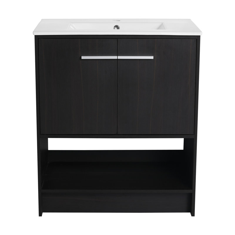 Meuble-lavabo de salle de bain avec lavabo en céramique, Chêne foncé