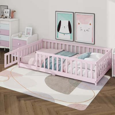 Floor Bed With Fence And Door,Rubber Wood Floor Bed With Safety Guardrails
