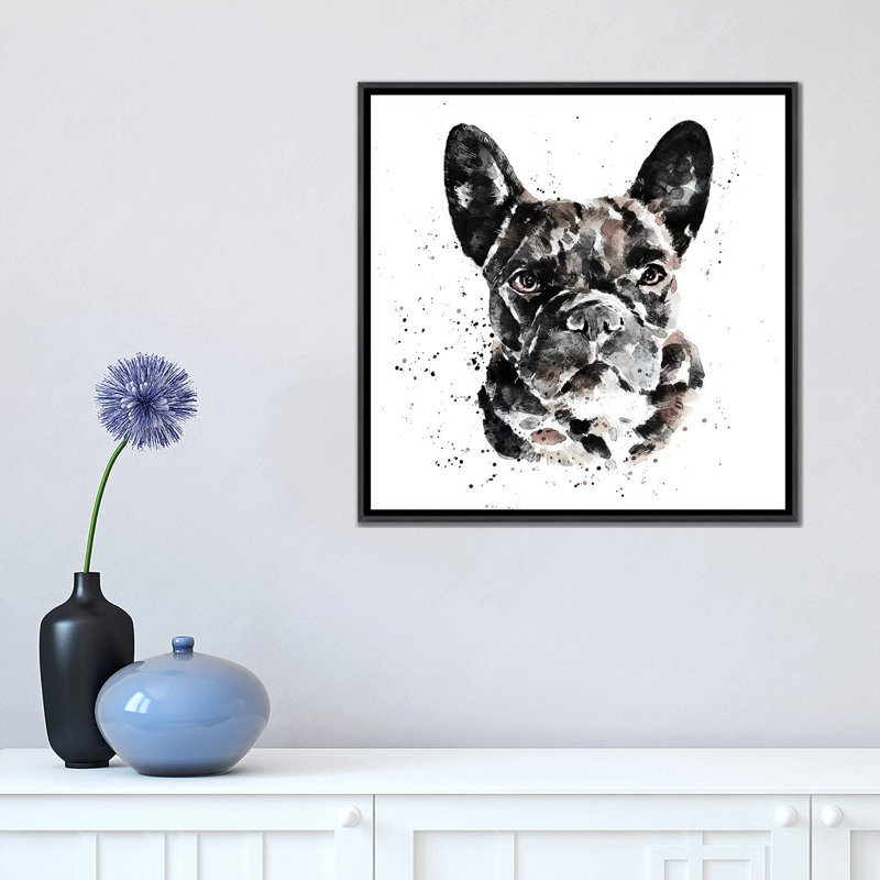 « Black Frenchie » par Edwatercolours-impression, Toile avec cadre noir patiné, Pas de tapis, H 18 po x l 18 po x 1,5 po