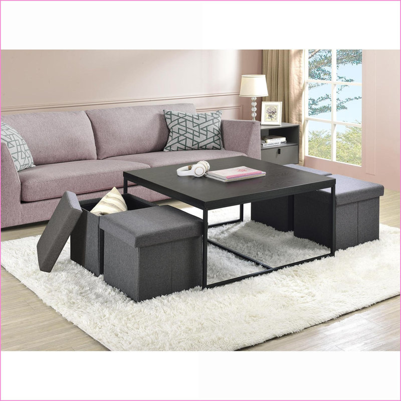 Ensemble de tables basses 35 po à grain de bois noir avec 4 tabourets de rangement - Solution de rangement de salon peu encombrante