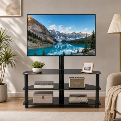 Black Swivel TV Stand with Adjustable Mount and 3-Tier Glass Shelves