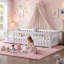 Lit simple Montessori avec garde-corps de sécurité et porte ouverte pour enfants, blanc-1626360327