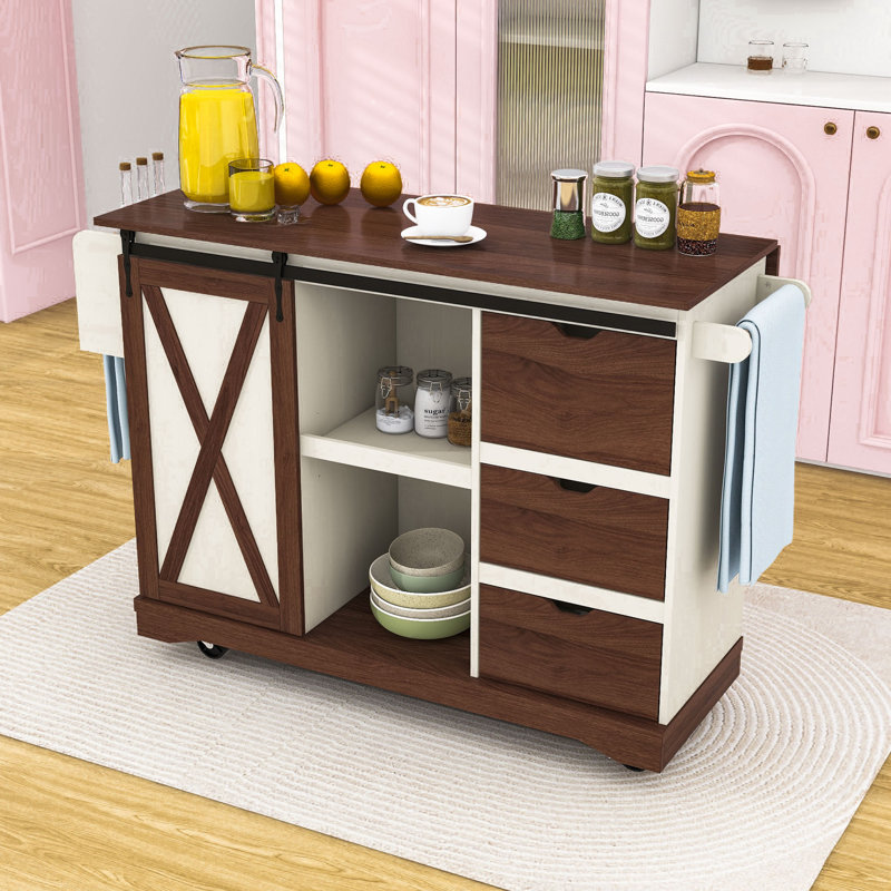 Rolling Kitchen Island with Drop Leaf, 3 Drawers, Sliding Barn Door and Adjustable Shelves, White