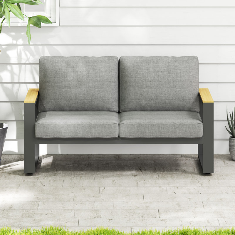 52" Aluminum 2‑Person Outdoor Sofa for All Weather, Metal Patio Sofa with Wood Armrest for Skin-friendly Touch, Outdoor Loveseat with Removable Cushions for Backyard, Garden, Deck