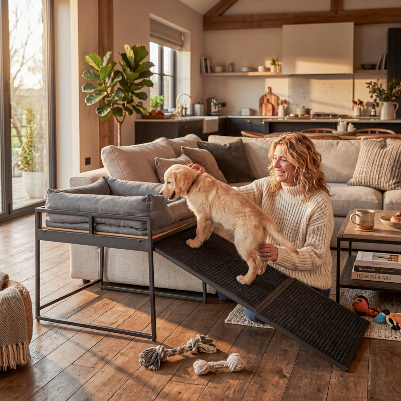 Lit surélevé pour chien avec rampe antidérapante, plateforme rembourrée confortable pour animaux de compagnie