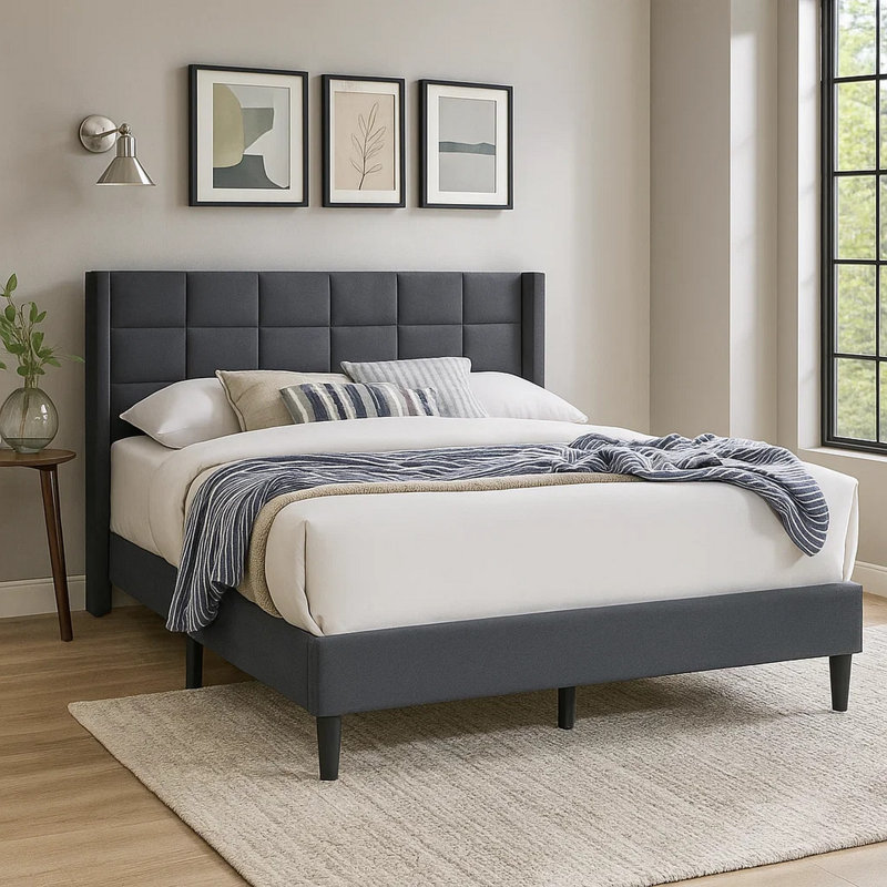 Linen Bed with Tufted Headboard, Queen, Gray