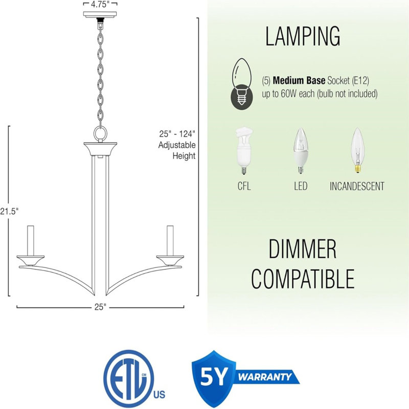 Lustre empire 5 lumières, élégant luminaire suspendu de style bougie pour les intérieurs traditionnels et transitionnels